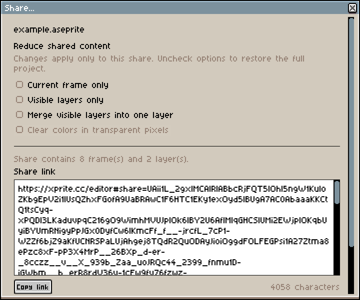 The Share... dialog: options to share only the current frame or visible layers, followed by a share link starting with https://xprite.cc/editor#share= and its character count