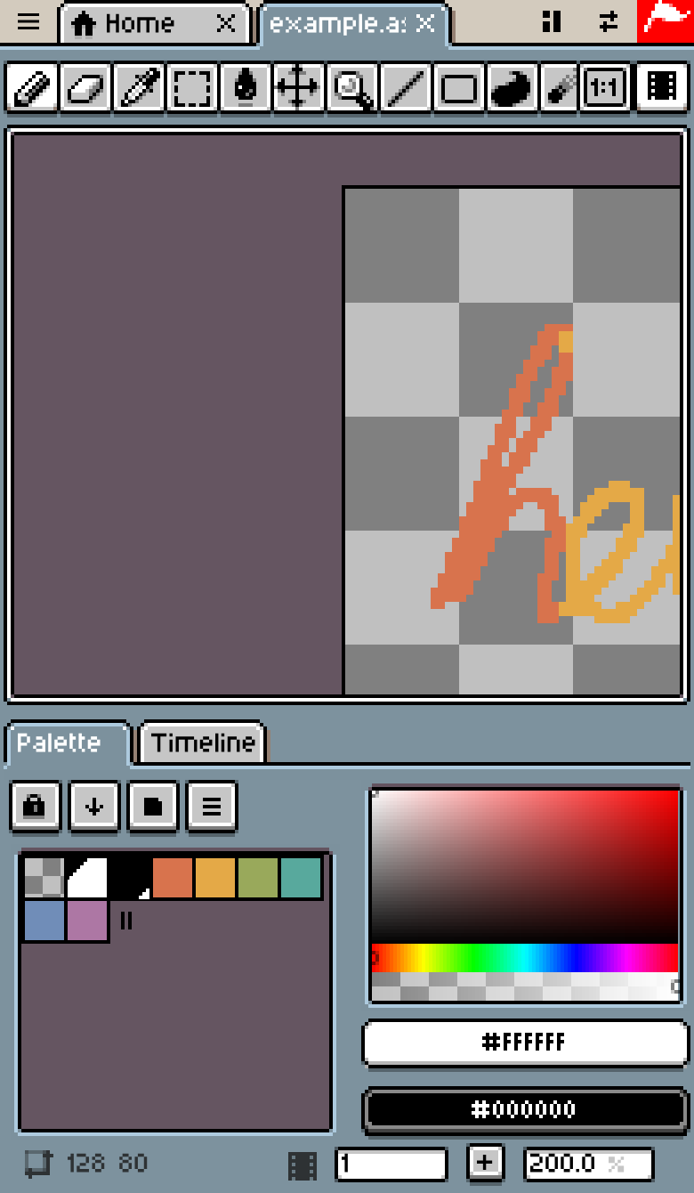 The compact layout on a phone held upright: tabs and a row of tools at the top, the canvas in the middle, and Palette and Timeline tabs below
