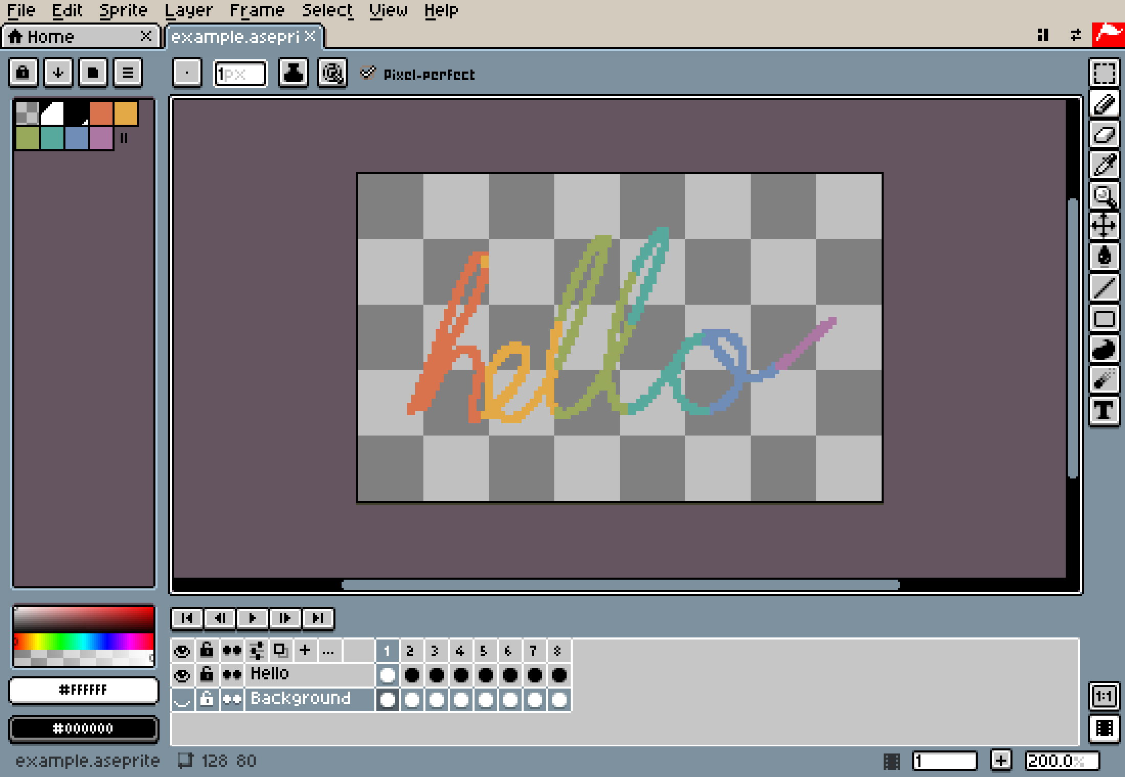 The wide layout: menu bar at the top, palette and color picker on the left, tools on the right, timeline at the bottom