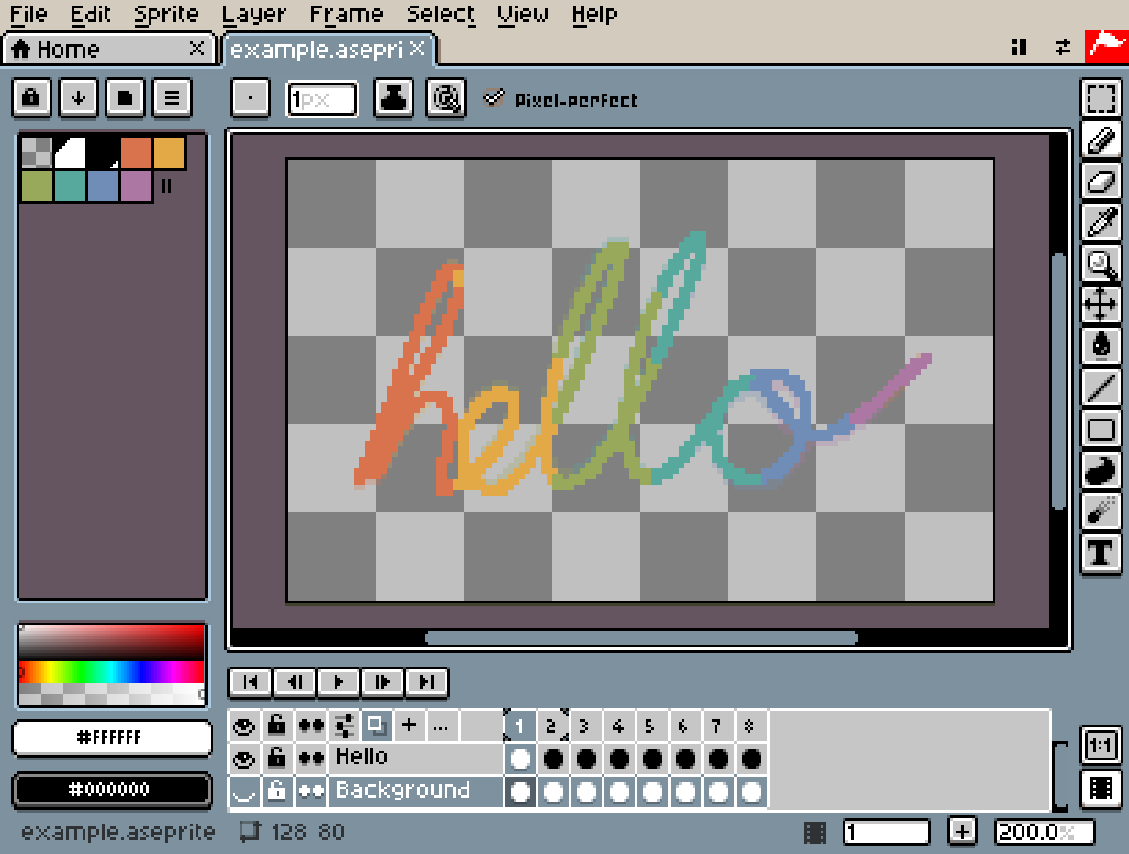 example.aseprite を開いた Xprite。下のタイムラインにレイヤーとフレームが並び、オニオンスキンがオンになっている