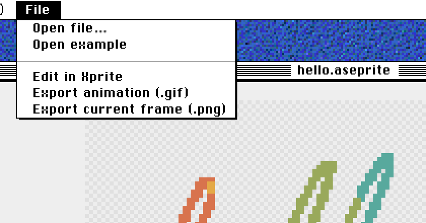 ビューアーのファイルメニュー。Xprite で編集、アニメーションをエクスポート（.gif）、現在のフレームをエクスポート（.png）が並ぶ