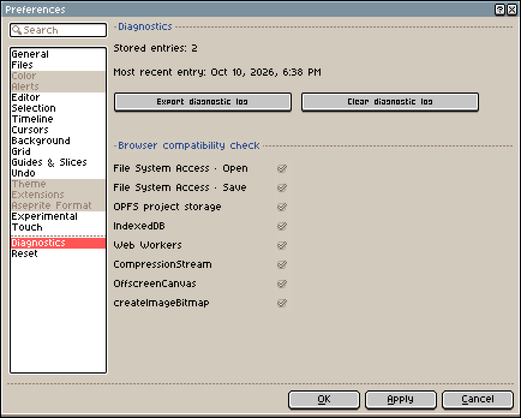 The Diagnostics page in Preferences: Browser compatibility check lists 8 items, including File System Access, OPFS, IndexedDB and Web Workers, all checked.